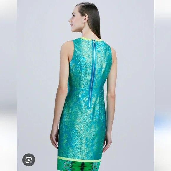 Elie Tahari Silk Blend Iridescent Teal and Green Sleeveless Sheath Dress Sz 10 - Picture 2 of 16